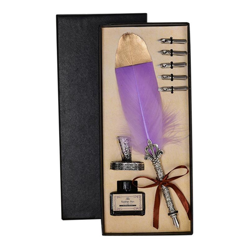 Vintage Calligraphy Feather Quill Writing Ink Set - LAVENDAR w/GOLD TIP Vintage Calligraphy Feather Quill Writing Ink Set - LAVENDAR w/GOLD TIP
